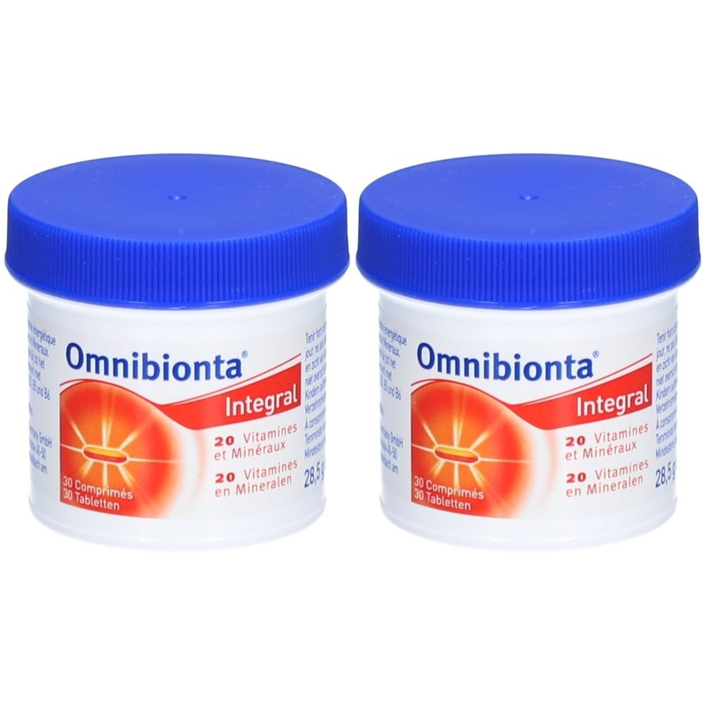 Deux boîtes blanches avec couvercles bleus. Inscription: Omnibionta Integral. Contient 20 vitamines et minéraux. 30 comprimés.