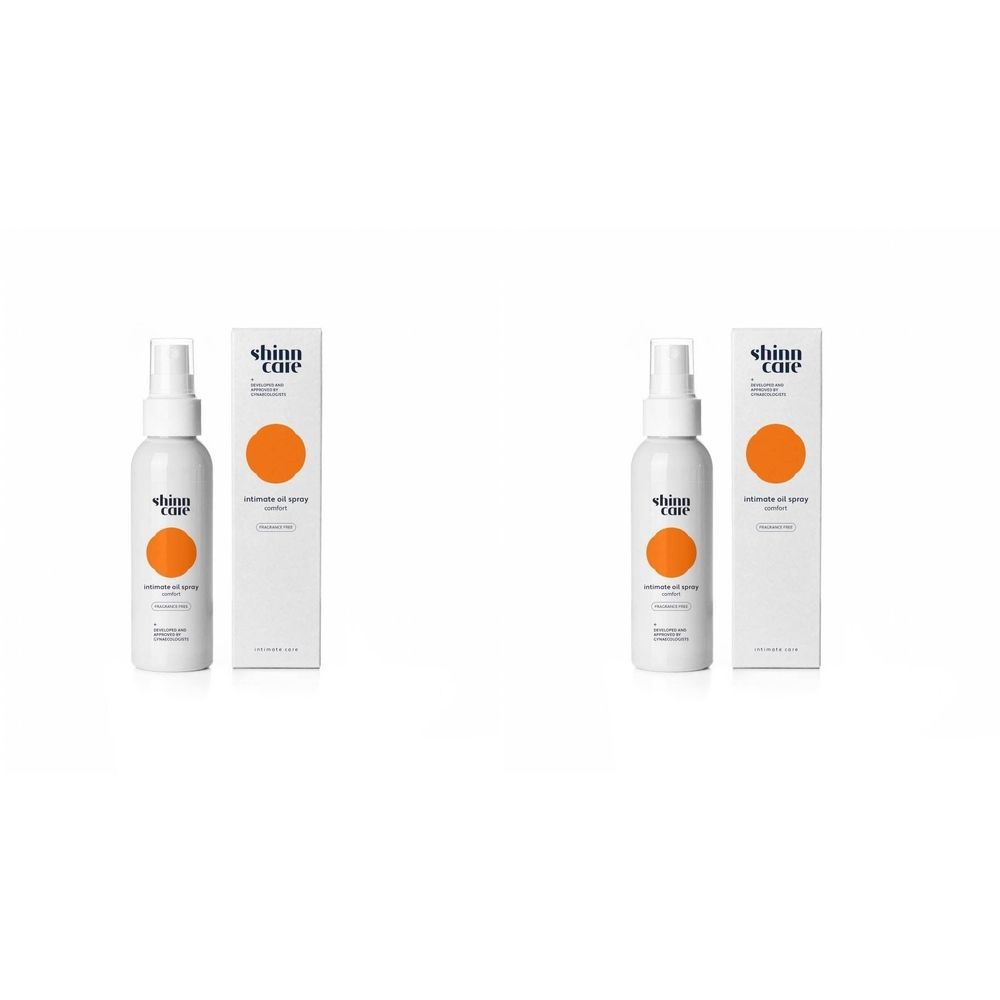 Spray blanc avec cercle orange et texte. À côté, une boîte blanche avec cercle orange et texte.