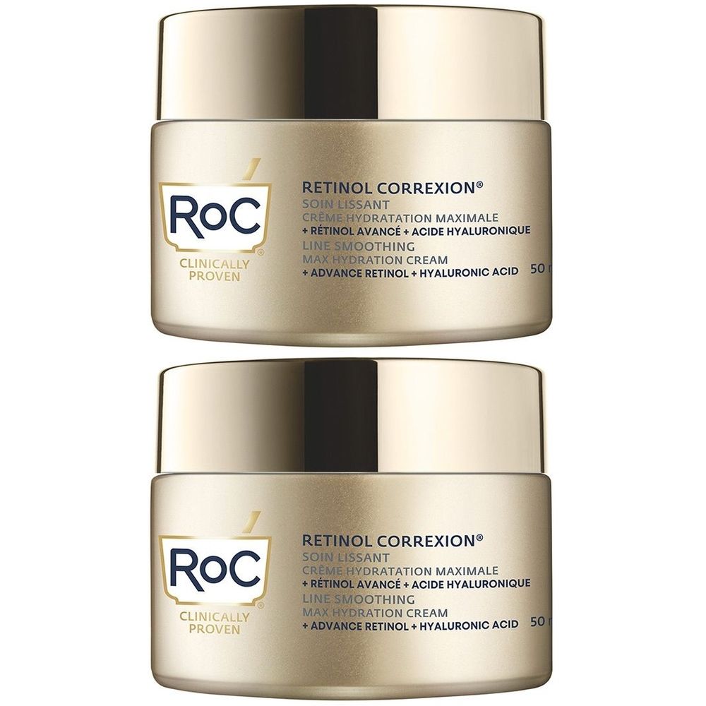 Deux pots dorés. Inscription : RETINOL CORREXION, RoC, CLINICALLY PROVEN. Le nom du produit et les ingrédients sont également indiqués.