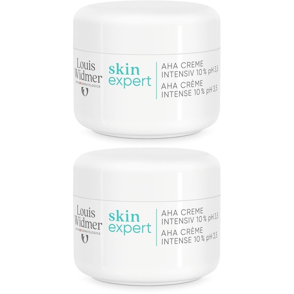 Twee witte potten Louis Widmer skin expert AHA Crème Intensiv 10% pH3.5. Opschrift in zwart en turquoise.
