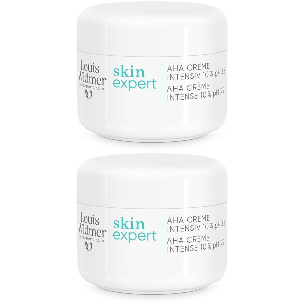 Deux pots blancs Louis Widmer skin expert AHA Crème Intensiv 10% pH3.5. Inscriptions en noir et turquoise.