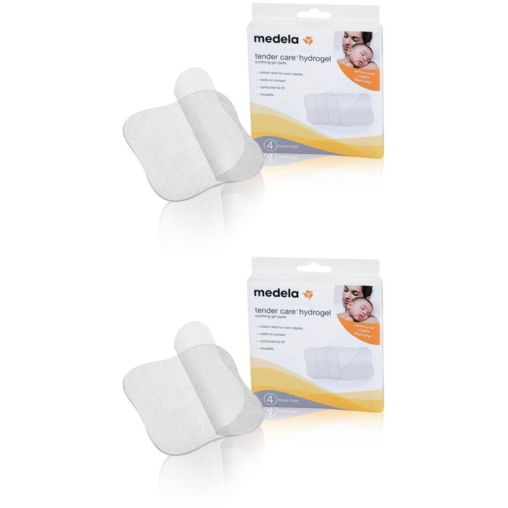 Compresse hydrogel Medela. Deux boîtes de quatre compresses. Compresses carrées blanches avec film protecteur amovible.