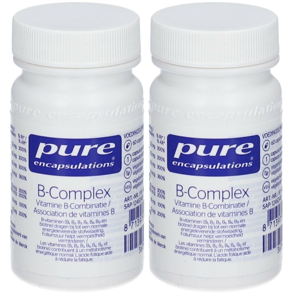 Twee witte flessen met schroefdop. Opschrift: Pure Encapsulations B-Complex. Bevat 60 capsules. Vitamine B-complex.