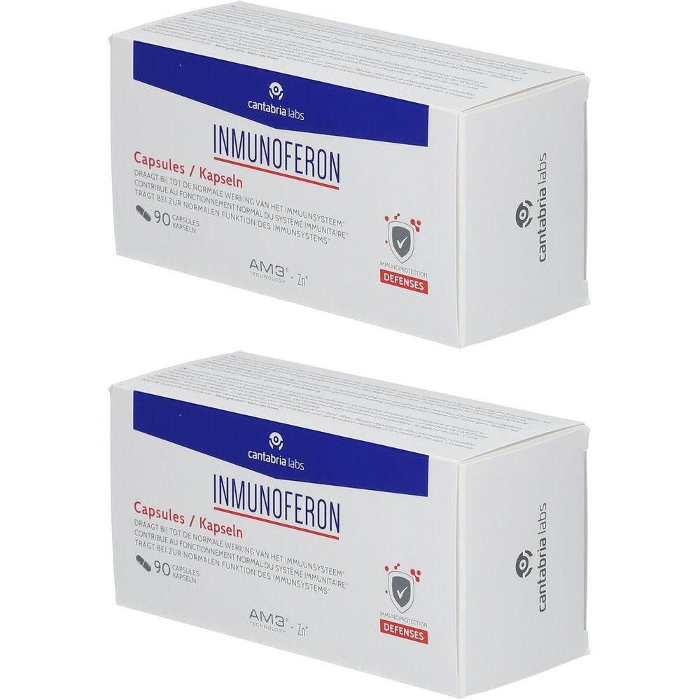 Twee witte dozen met blauwe tekst. Opschrift: INMUNOFERON, Capsules/Kapseln, 90 capsules. Logo: DEFENSES.