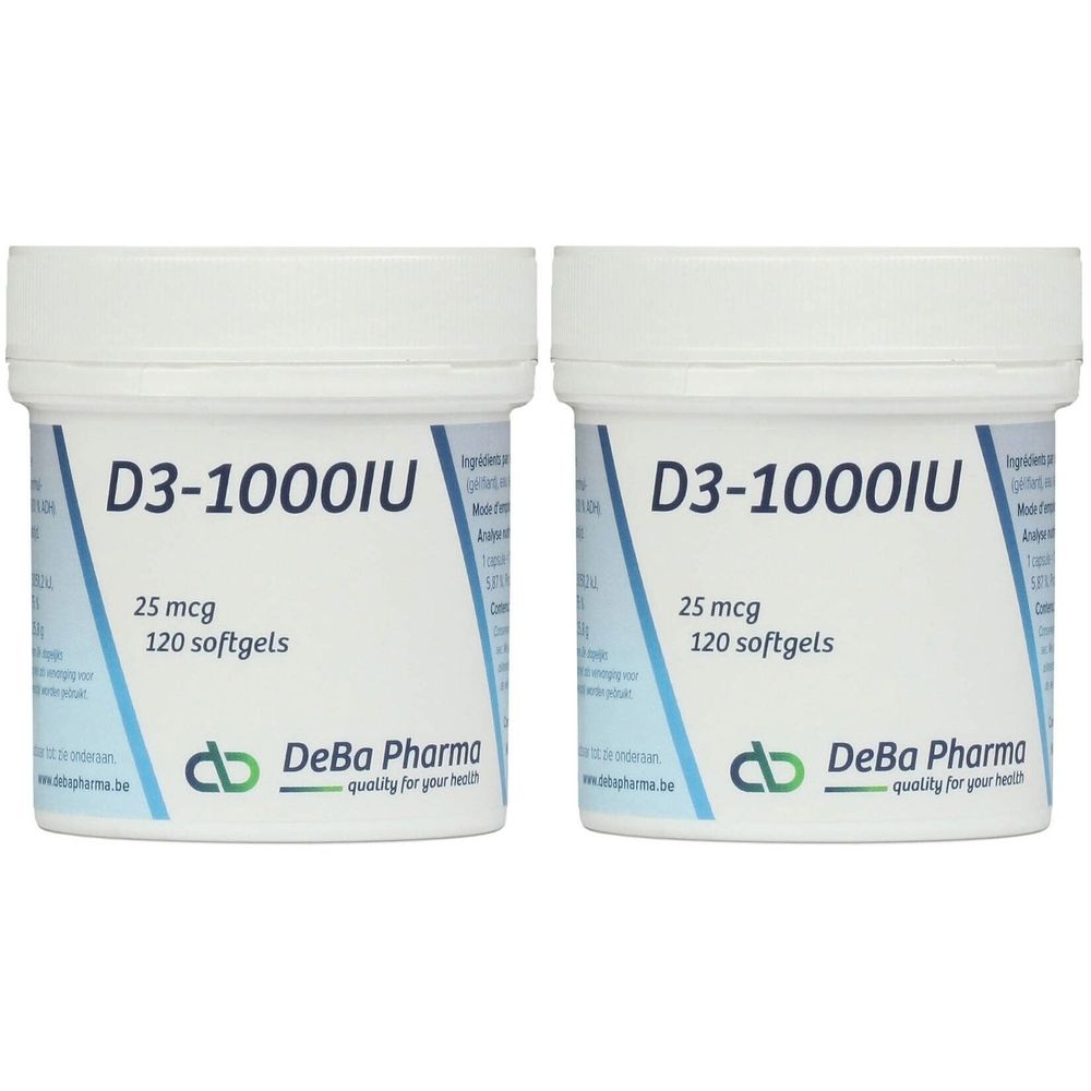 Deux boîtes blanches D3-1000IU avec bouchon à vis. Inscription : 25 mcg, 120 gélules. Marque : DeBa Pharma.