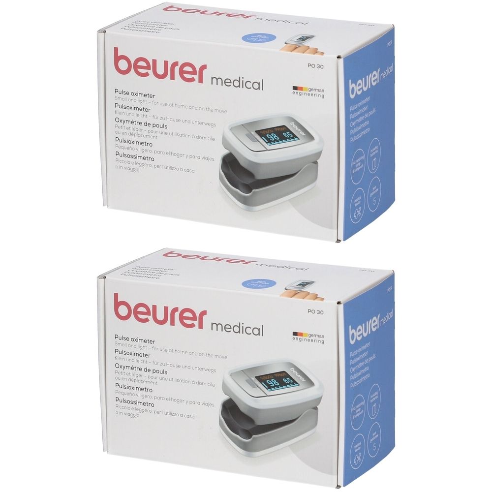 Twee verpakkingen van Beurer P030-pulsoximeters. Opschrift: Beurer medical, P030, pulsoximeter, German Engineering. Het apparaat is afgebeeld.