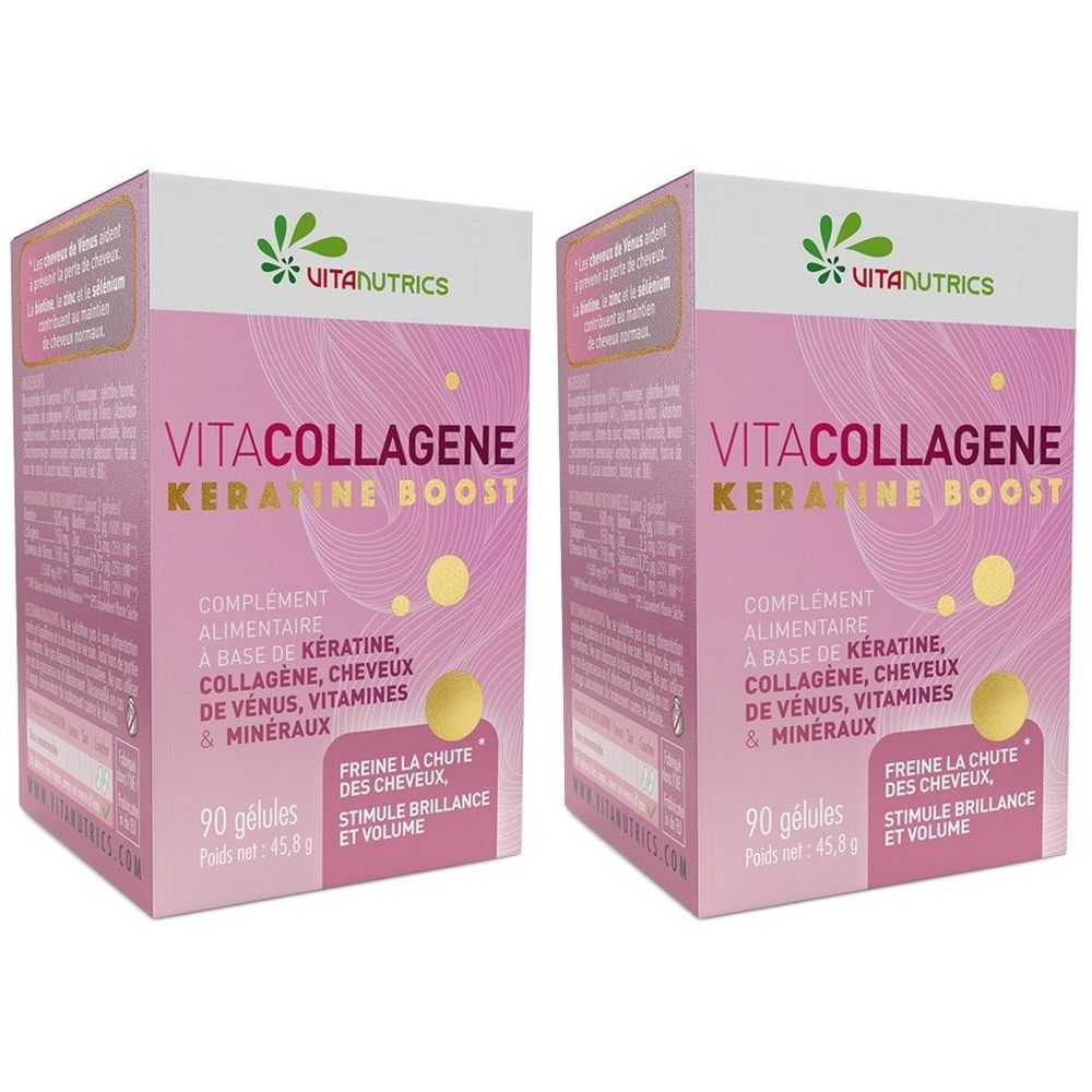 Deux boîtes roses "VITACOLLAGENE KERATINE BOOST". Contient 90 gélules. Marque : Vitanutrics. Complément alimentaire.