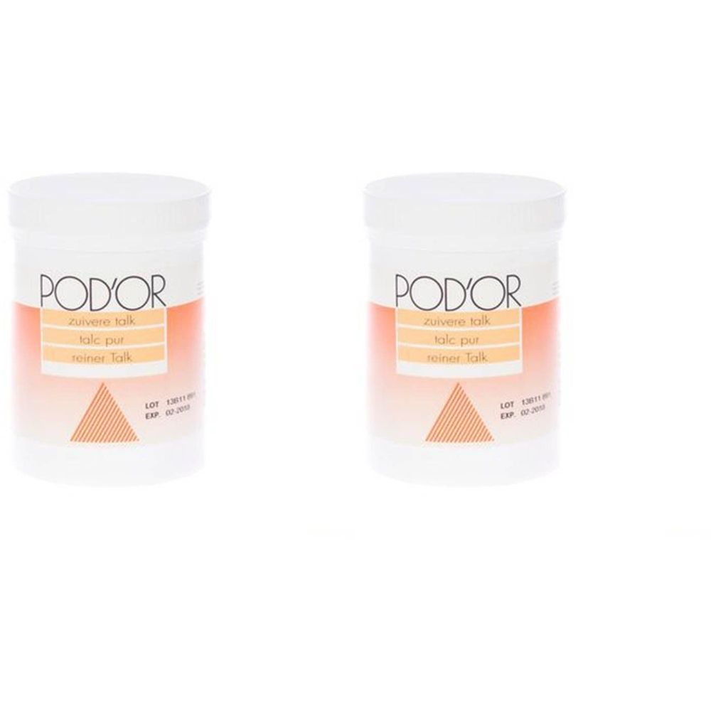 Twee witte potten met deksels. Vooraan staat POD'OR, gevolgd door oranje tekst. Een oranje driehoek is ook zichtbaar.