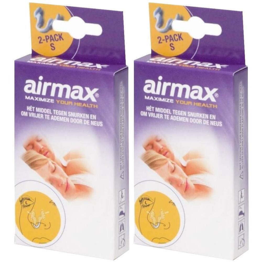 Twee verpakkingen airmax® Classic Dilatateur nasal Small. Paarse verpakking met productafbeelding en tekst.