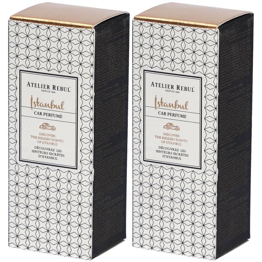 Twee rechthoekige dozen met gouden deksels. Opschrift: Atelier Rebul Istanbul Car Parfum.