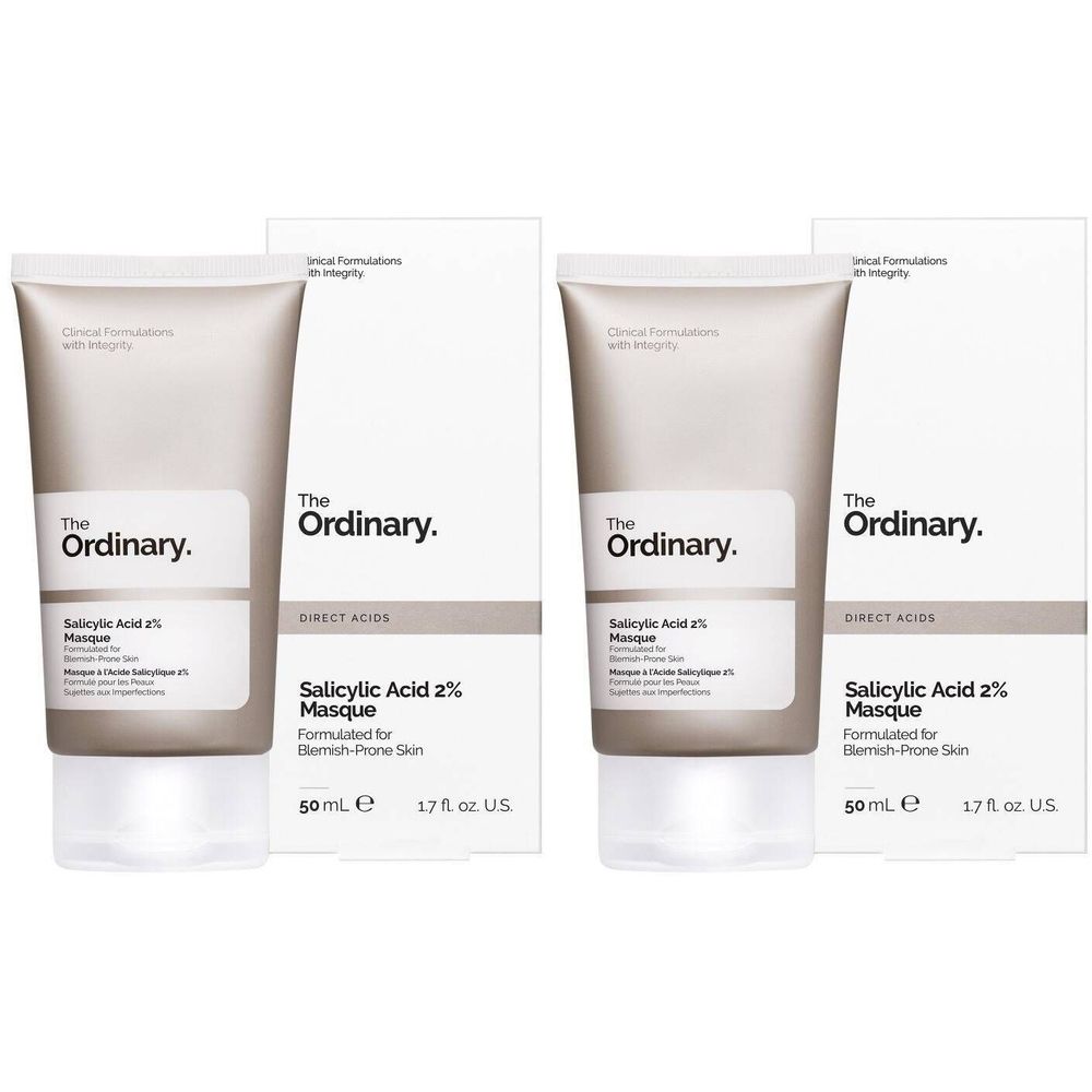Deux tubes et boîtes. Les tubes indiquent "The Ordinary" et "Salicylic Acid 2% Masque". Les boîtes indiquent "DIRECT ACIDS".
