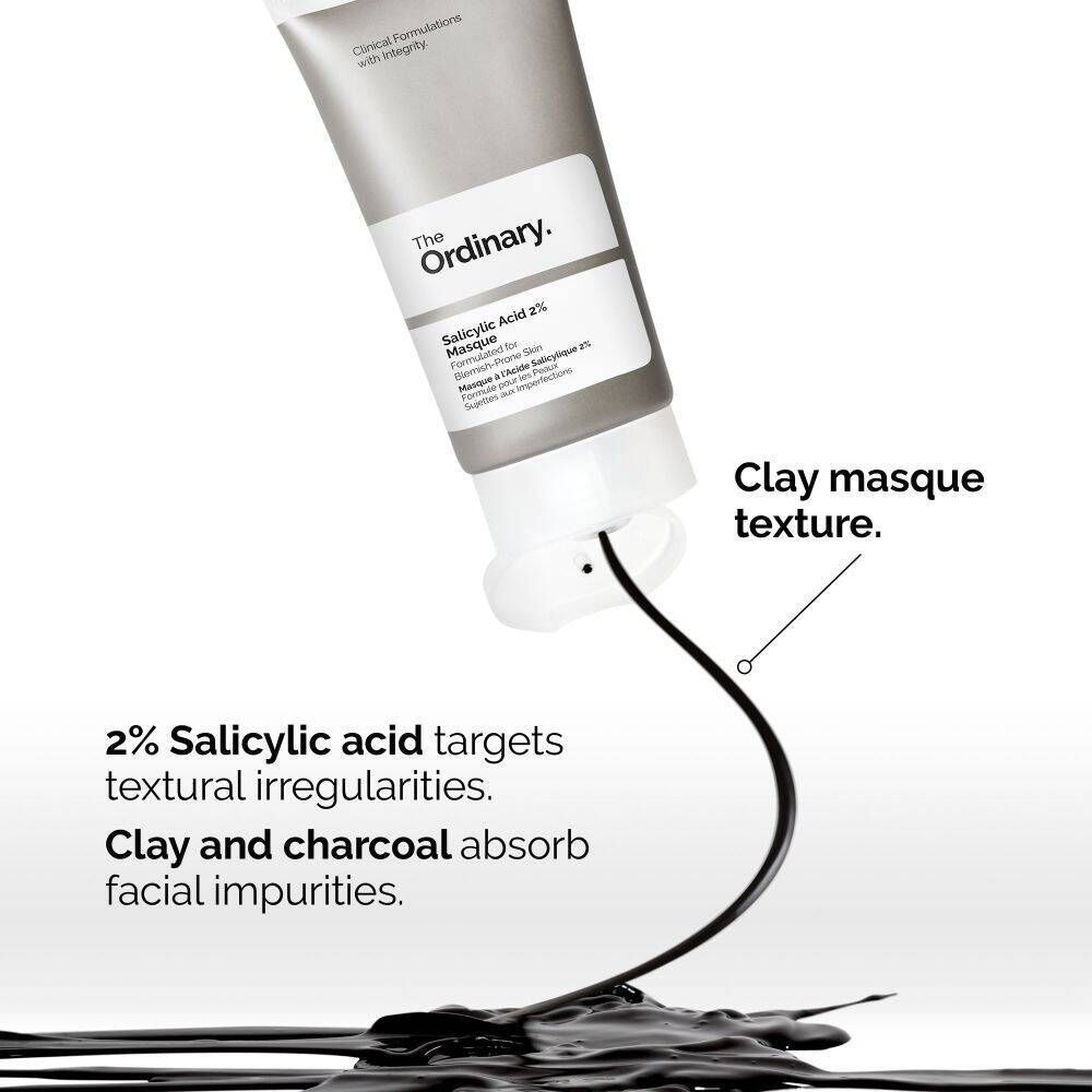 The Ordinary Salicylic Acid 2% Mask met klei en houtskool om onzuiverheden te absorberen.