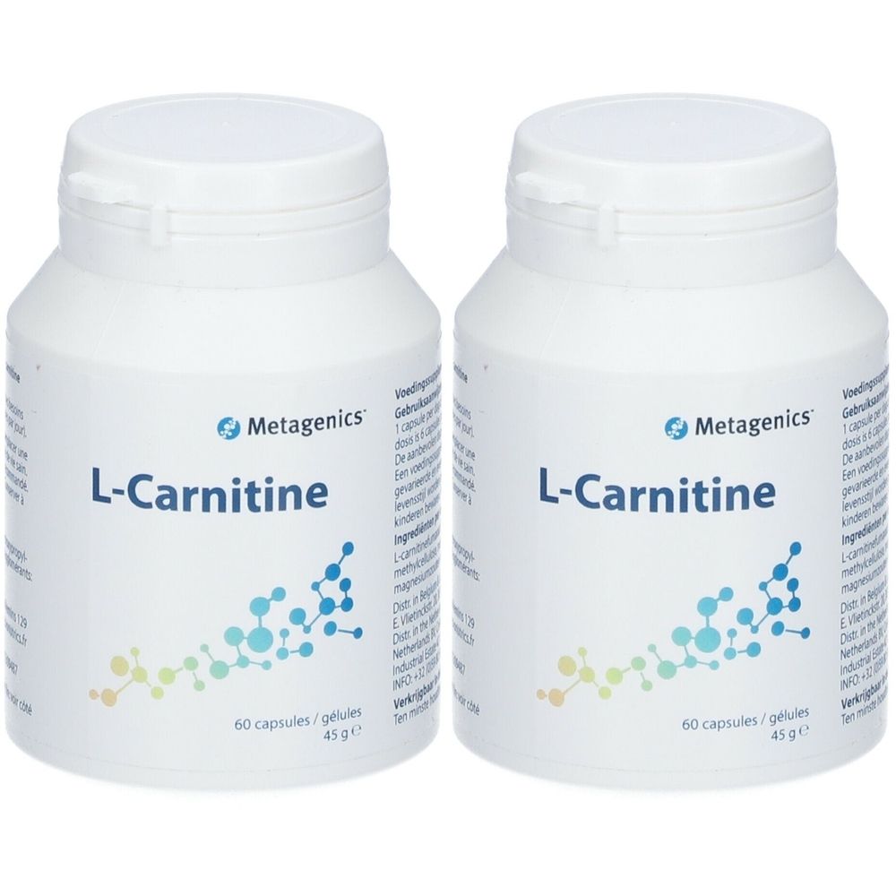 Twee witte flessen met schroefdop. Opschrift: L-Carnitine, Metagenics. Bevat 60 capsules. Blauwe en groene grafische elementen.