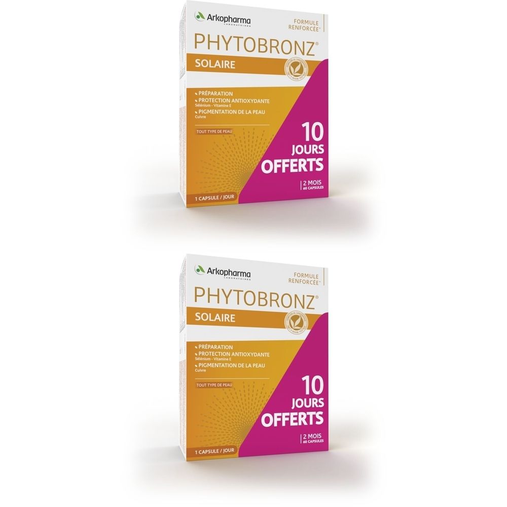 Deux boîtes de Phytobronz Solaire. Boîtes blanches avec nom et logo. Texte: 10 jours offerts.