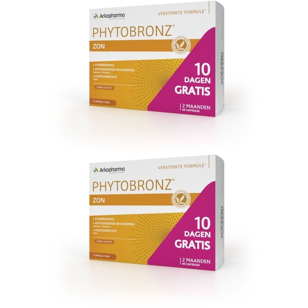 Twee dozen Phytobronz Zon. Witte dozen met productnaam en logo. Tekst: 10 dagen gratis.