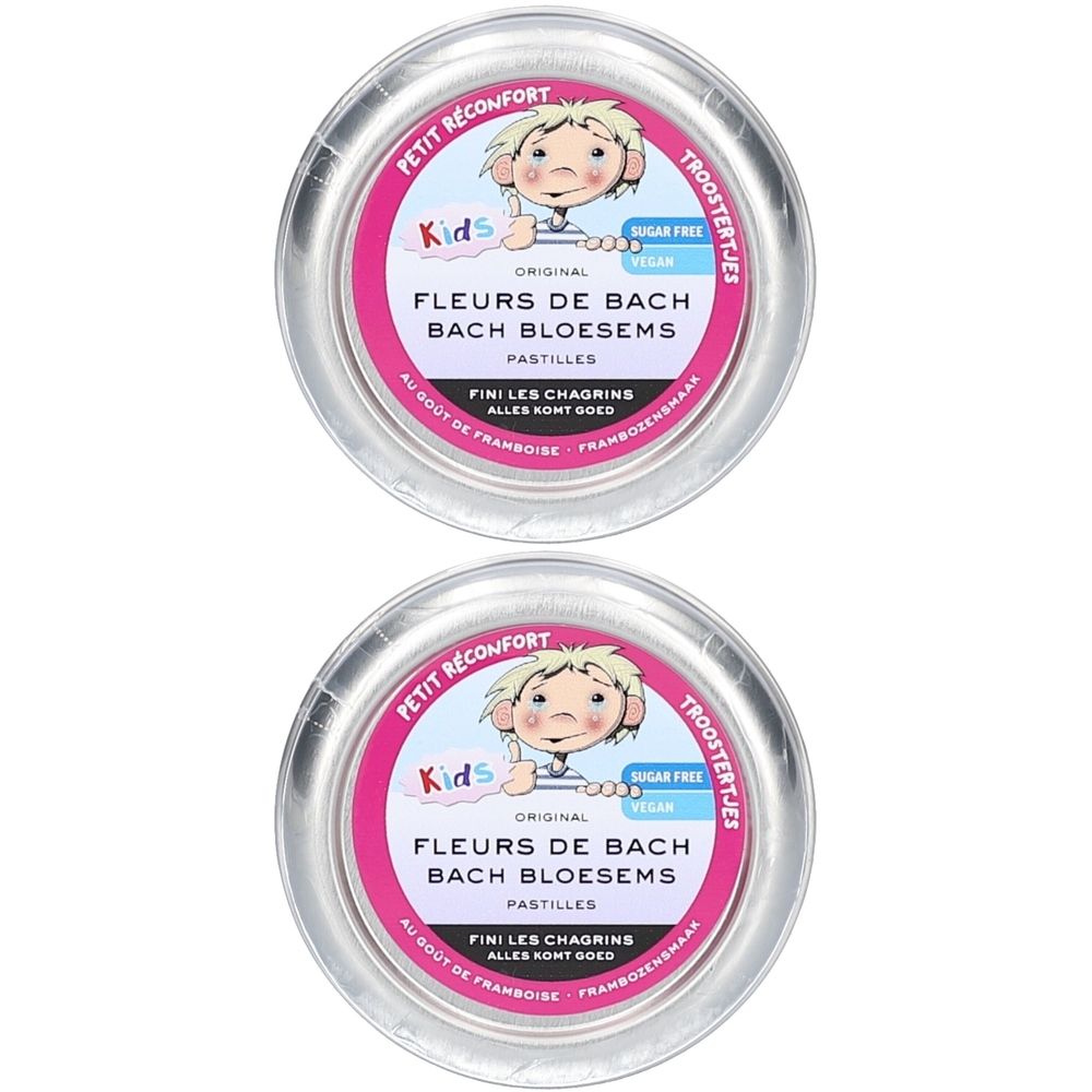 Twee ronde metalen doosjes met roze etiketten. Opschrift: Fleurs de Bach, Pastilles. Met kinderillustratie en tekst.