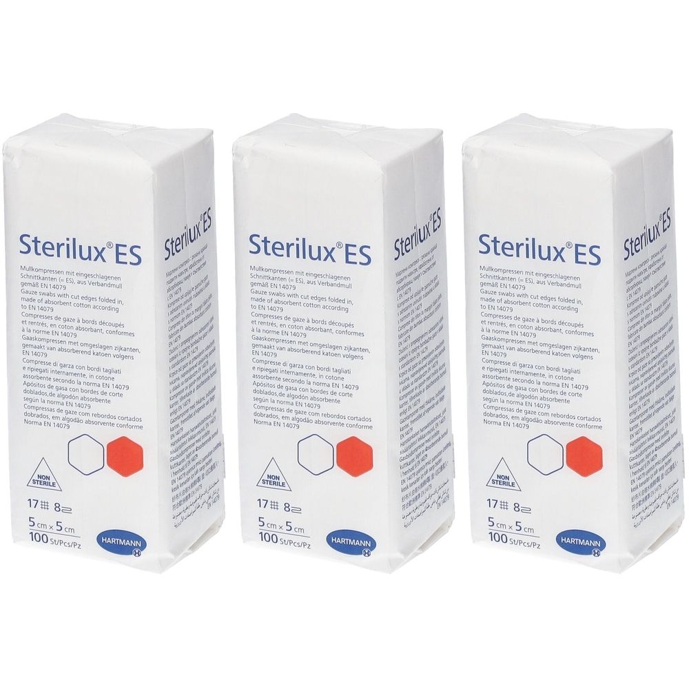 Trois emballages blancs avec l'inscription "Sterilux ES". Chaque emballage contient des informations et le logo Hartmann.