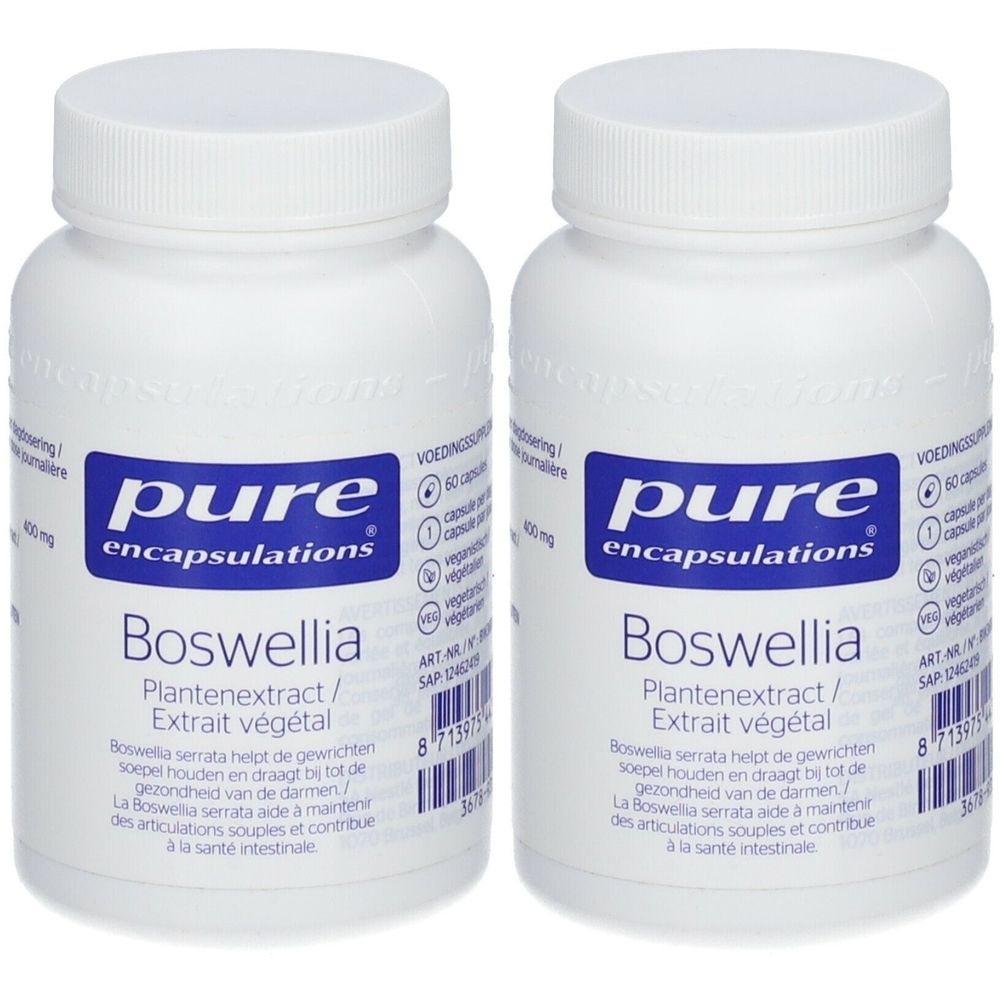 Twee witte flessen met capsules. Op het etiket staat "pure encapsulations Boswellia".