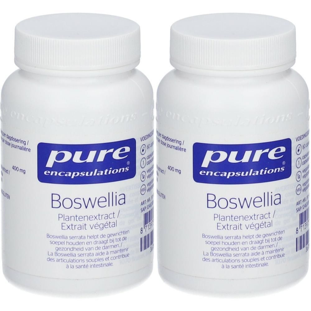 Twee witte flessen met blauw etiket. Opschrift: pure encapsulations Boswellia. Capsules.
