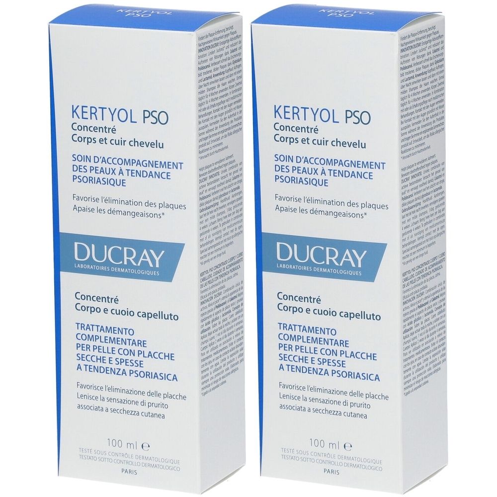 Deux boîtes rectangulaires. Inscription : Kertyol PSO Concentré, Ducray. Pour peaux à tendance psoriasique.