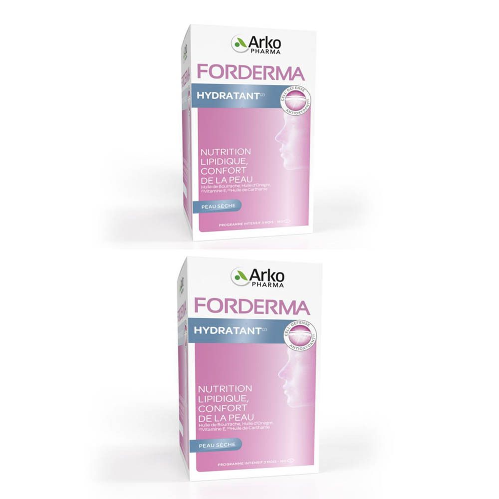 Deux boîtes Arkopharma Forderma Hydratant. Emballage blanc et rose avec nom du produit et profil de visage.