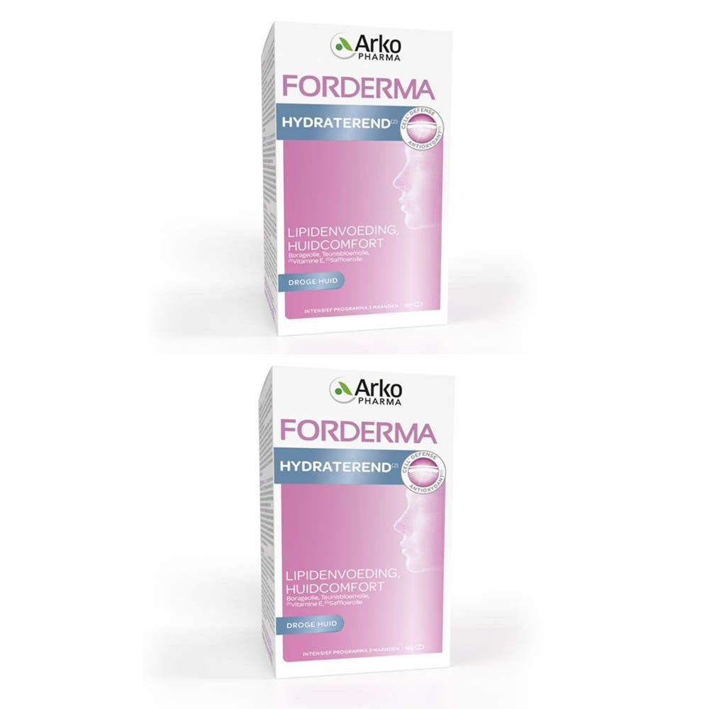 Twee dozen Arkopharma Forderma Hydraterend. Wit-roze verpakking met productnaam en gezichtsprofiel.
