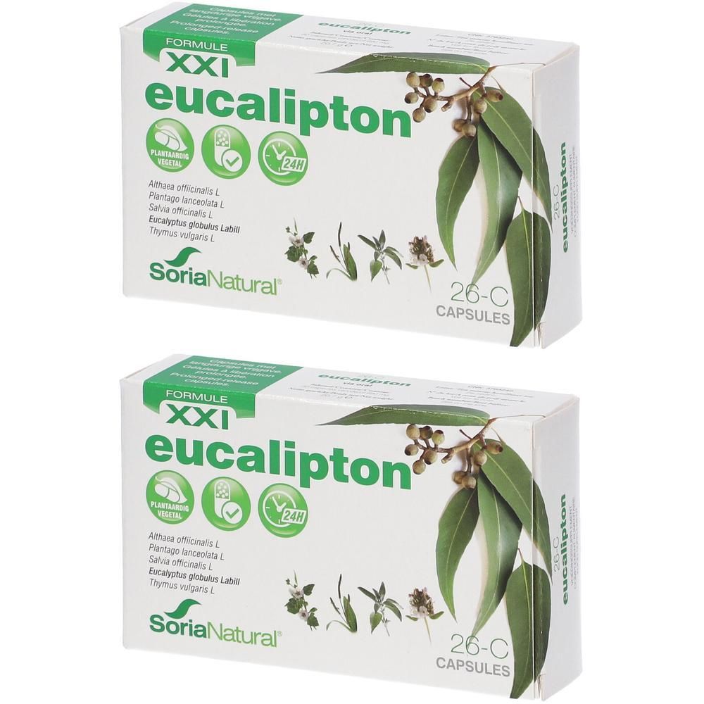 Twee dozen Soria Natural Eucalipton XXI. Witte verpakking met groene tekst en afbeeldingen van bladeren en planten.