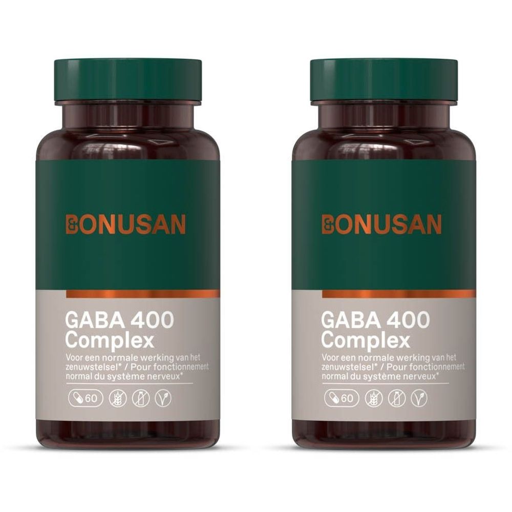 Twee flessen met groene dop en etiket. Opschrift: BONUSAN, GABA 400 Complex. Met 60 capsules. Veganistisch.