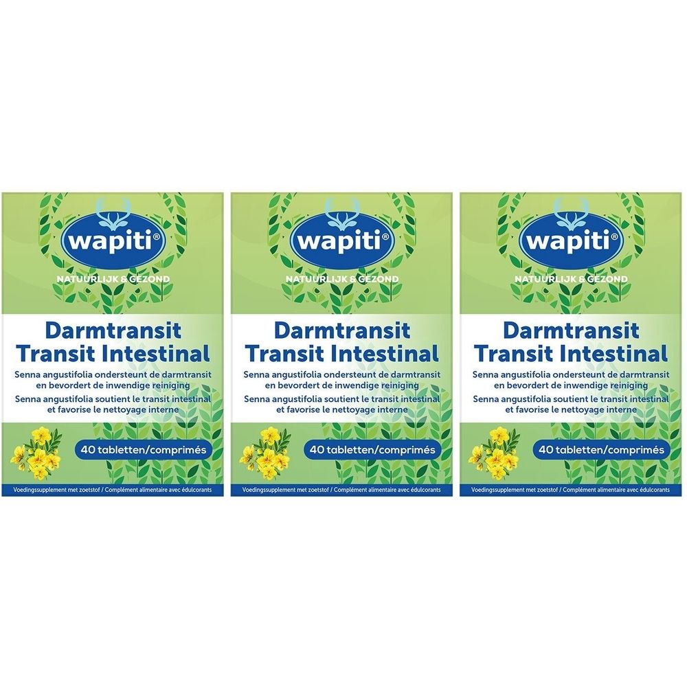 Trois boîtes de "Darmtransit Transit Intestinal". Le logo "wapiti" est visible sur chaque boîte.