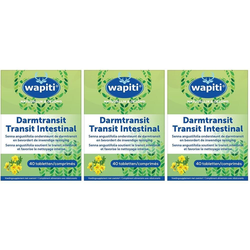 Trois boîtes "wapiti". Texte: Darmtransit Intestinal, 40 comprimés. Fond vert.