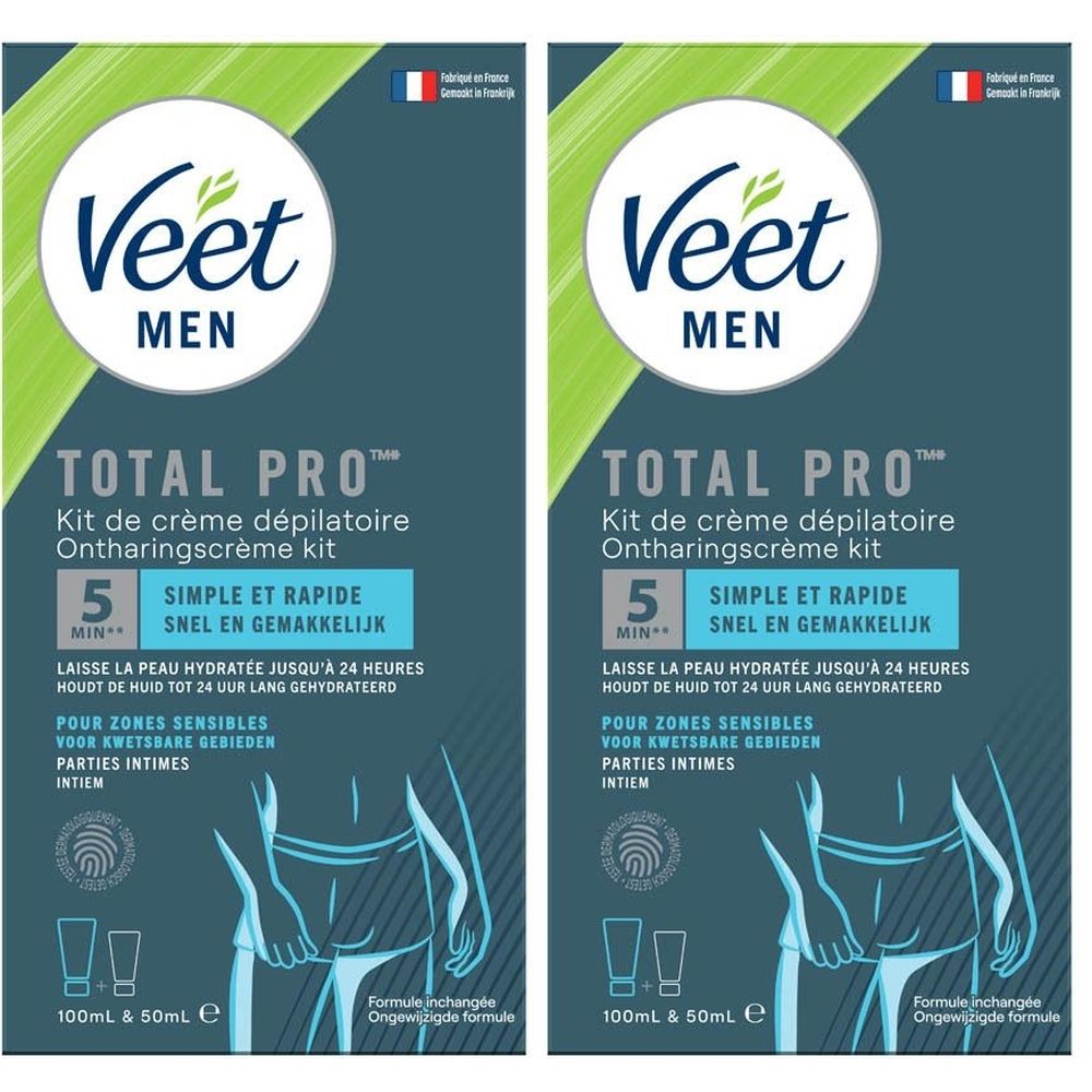 Deux kits de crème dépilatoire Veet Men Total Pro. Emballage bleu et vert avec informations et logo.