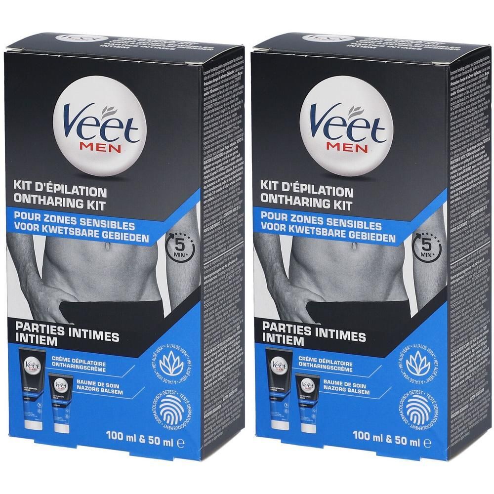 Twee Veet MEN Kit D'épilation-verpakkingen. Zwarte verpakking met productafbeelding en tekst. Bevat crème en balsem.