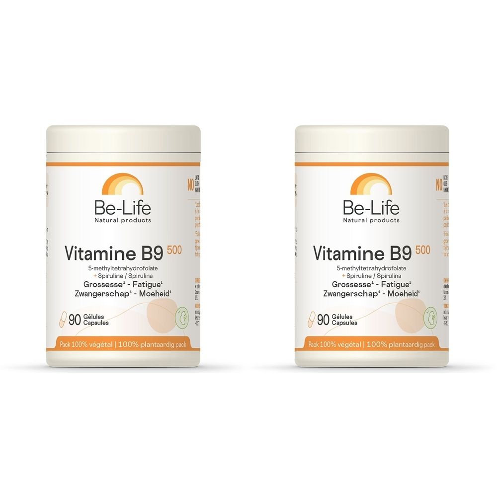 Twee witte potten met "Be-Life Vitamine B9 500". Opschrift: "90 capsules".