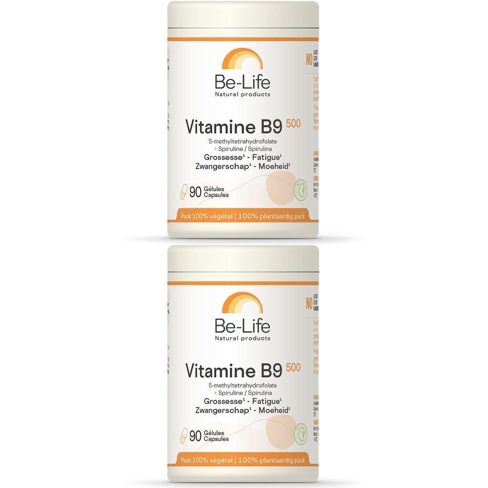 Deux flacons blancs avec étiquettes. Inscription: Be-Life Vitamine B9 500. 90 gélules. Végétal.