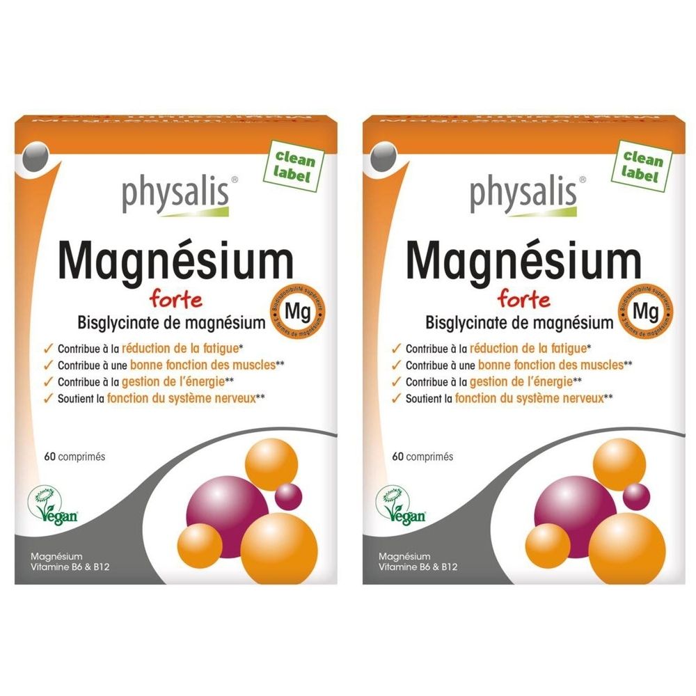 Deux boîtes de Physalis Magnesium Forte. Boîtes blanches avec nom du produit et illustrations de sphères. Label Vegan.