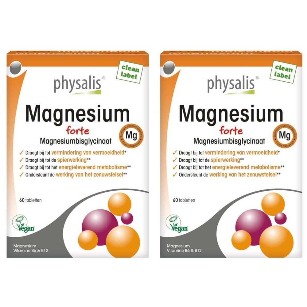 Twee dozen Physalis Magnesium Forte. Witte dozen met productnaam en illustraties van bollen. Vegan-label.
