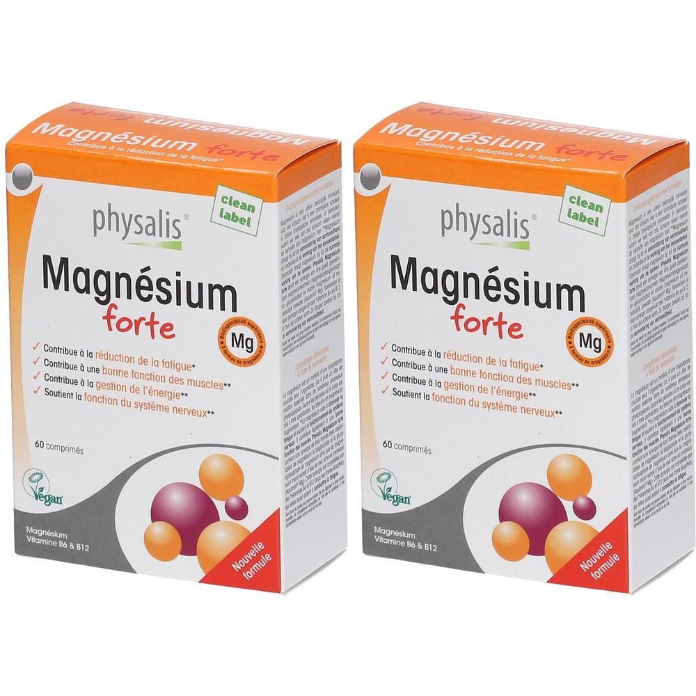 Twee dozen "Magnésium forte" tabletten. Opschrift "physalis" en "Mg". Oranje en paarse bollen.