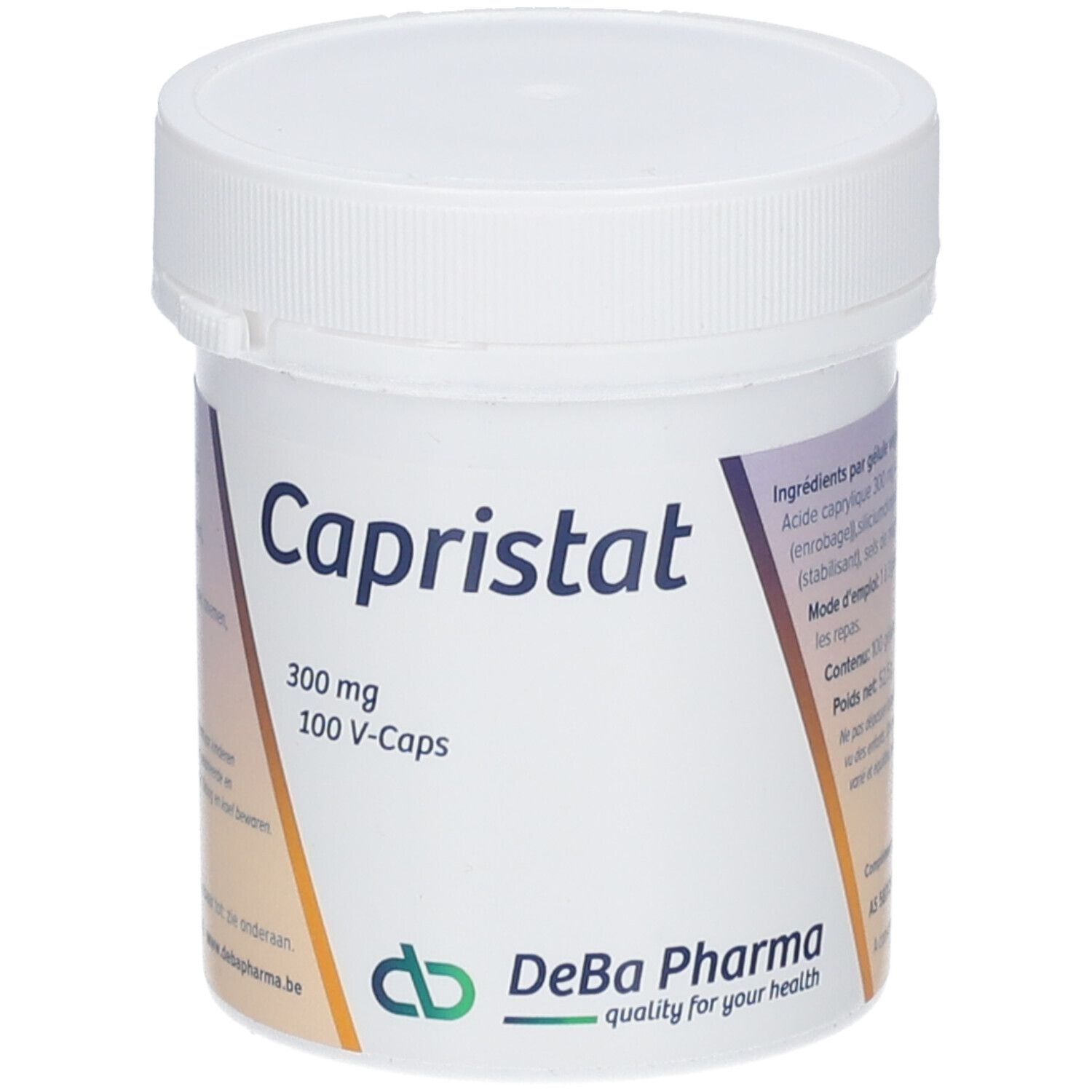 Witte pot met deksel. Opschrift Capristat, 300 mg, 100 V-Caps. Logo DeBa Pharma. Franse tekst. Pot staat.