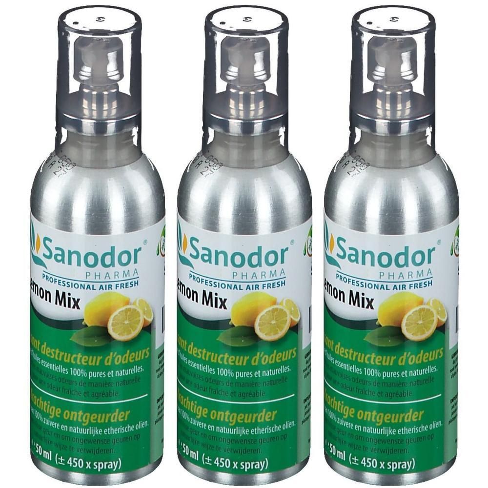 Trois flacons de Sanodor Lemon Mix. Bouteilles argentées avec étiquettes vertes et illustrations de citrons. Têtes de pulvérisation claires.