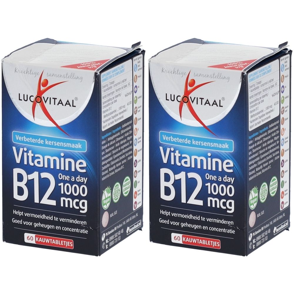 Twee dozen Lucovitaal Vitamine B12. Blauwe verpakking met witte tekst. Bevat 60 kauwtabletten.