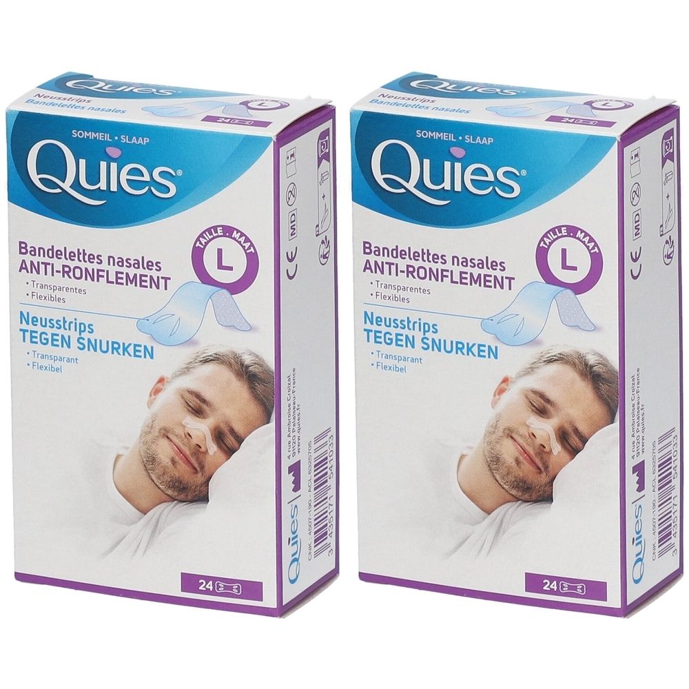 Twee dozen Quies neusstrips tegen snurken, maat L. Opschrift: 24 stuks.