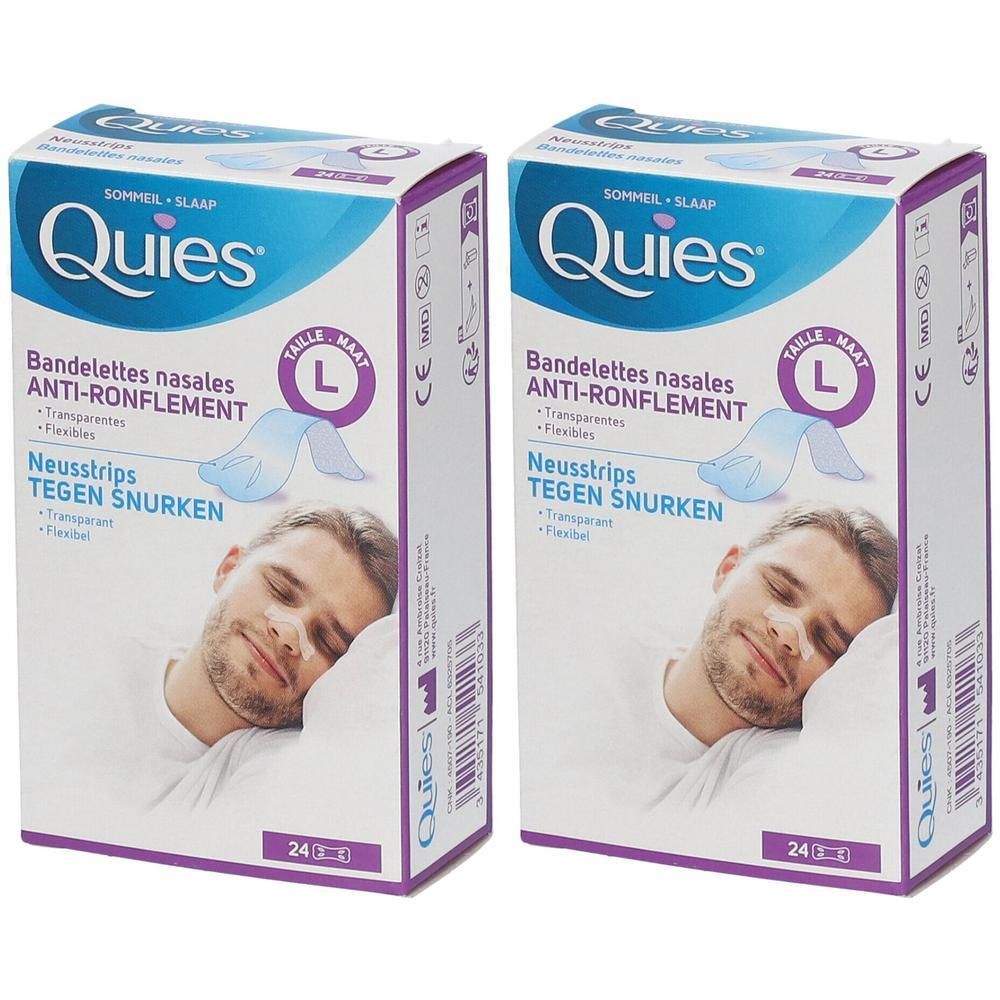 Twee dozen QUIES neusstrips, maat L, tegen snurken. Man slaapt op kussen. 24 stuks.