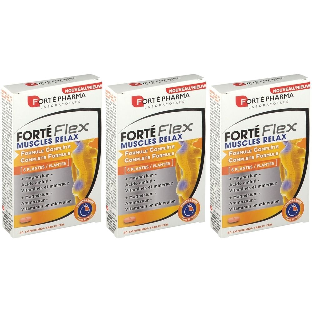 Drie dozen Forté Flex Muscles Relax. Witte verpakking met rood logo en productinformatie. Bevat tabletten.