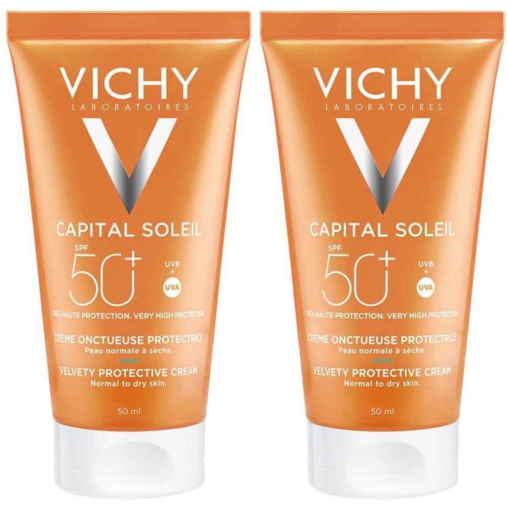 Deux tubes de crème solaire. Emballage orange avec texte blanc. Inscription: VICHY, CAPITAL SOLEIL SPF 50+.