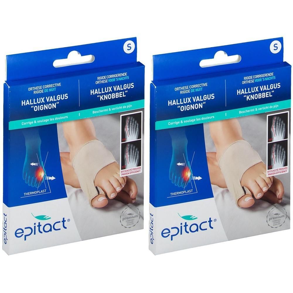 Twee verpakkingen Epitact Hallux Valgus Orthèse Corrective Nuit, maat S. Blauwe verpakking met productafbeelding en voet.