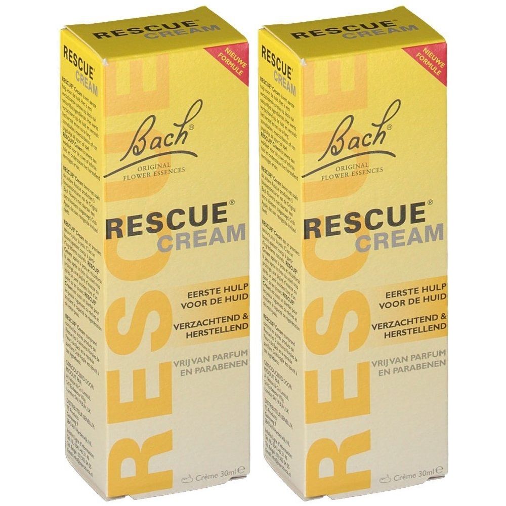 Deux boîtes jaunes de "Bach Rescue Cream". Texte en néerlandais. Inscription : "Erste hulp voor de huid".