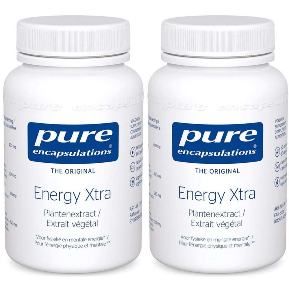 Twee witte flessen met capsules. Op het etiket staat "pure encapsulations Energy Xtra".