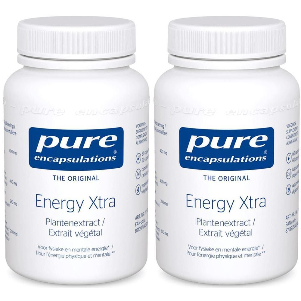 Twee witte flessen met blauwe etiketten. Opschrift: pure encapsulations Energy Xtra. Plantenextract.