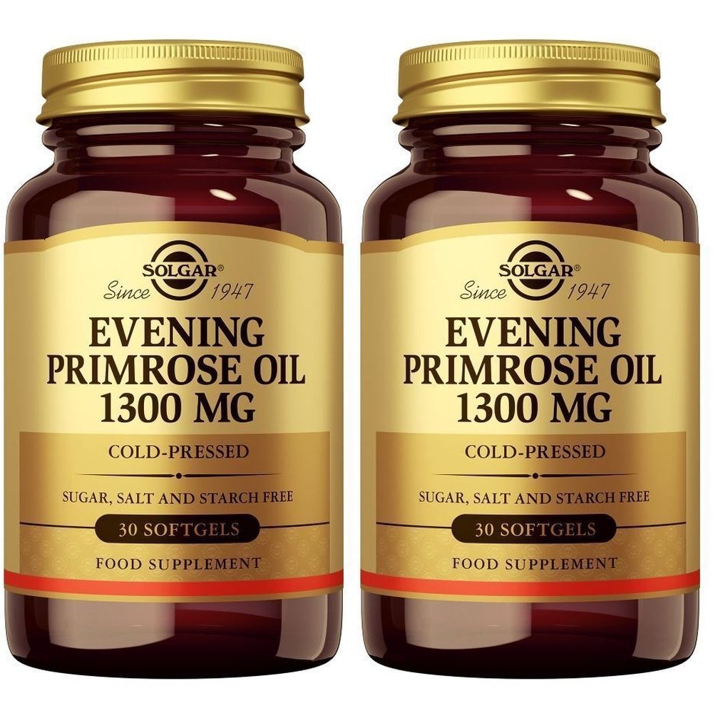 Deux flacons de Solgar Evening Primrose Oil 1300 mg. Flacons en verre brun avec bouchons et étiquettes dorés. Inscription : Evening Primrose Oil.