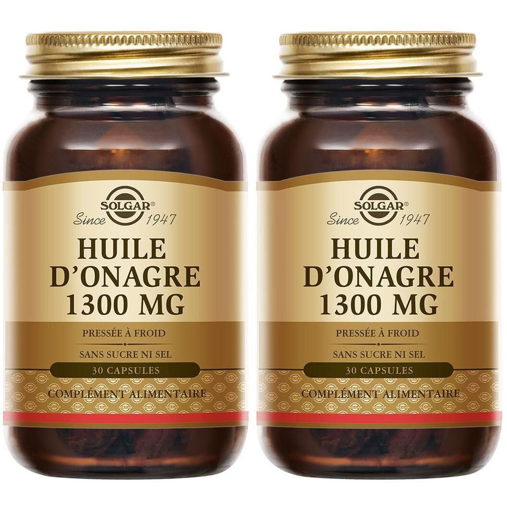 Deux flacons en verre brun avec des bouchons dorés. Étiquettes : "Huile d'Onagre 1300 MG" et "30 Capsules".